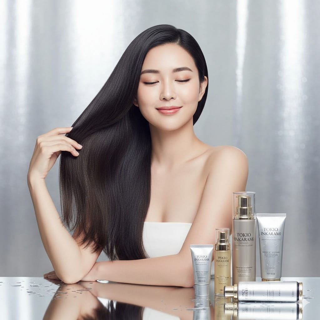 Femme aux cheveux noirs lisses et brillants présentant la gamme complète de soins capillaires Tokio Inkarami