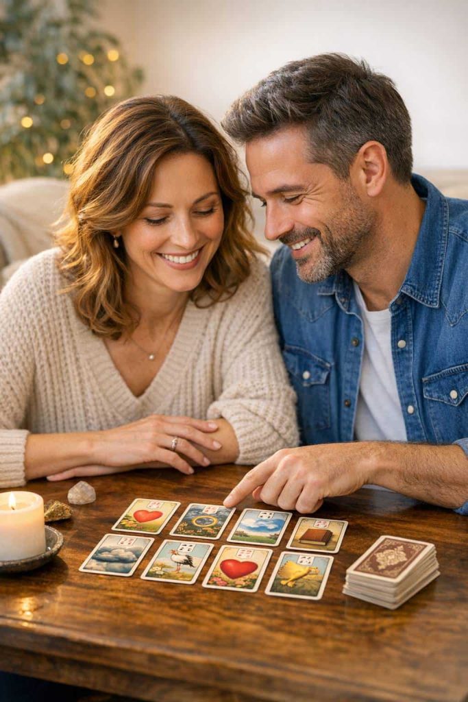 Un couple souriant consulte ensemble des tirages Lenormand disposés sur une table en bois avec une bougie